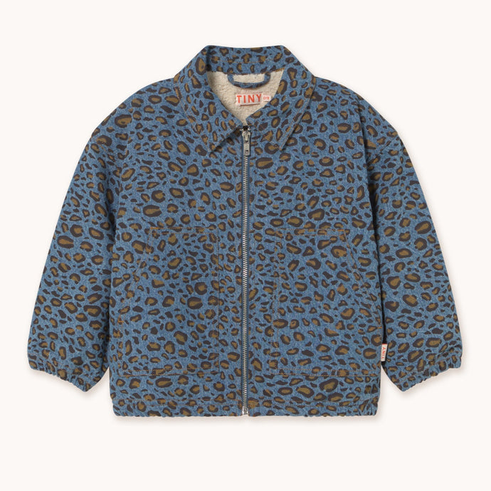 Tinycottons Blue denim leopard print jacket with fleece lining
