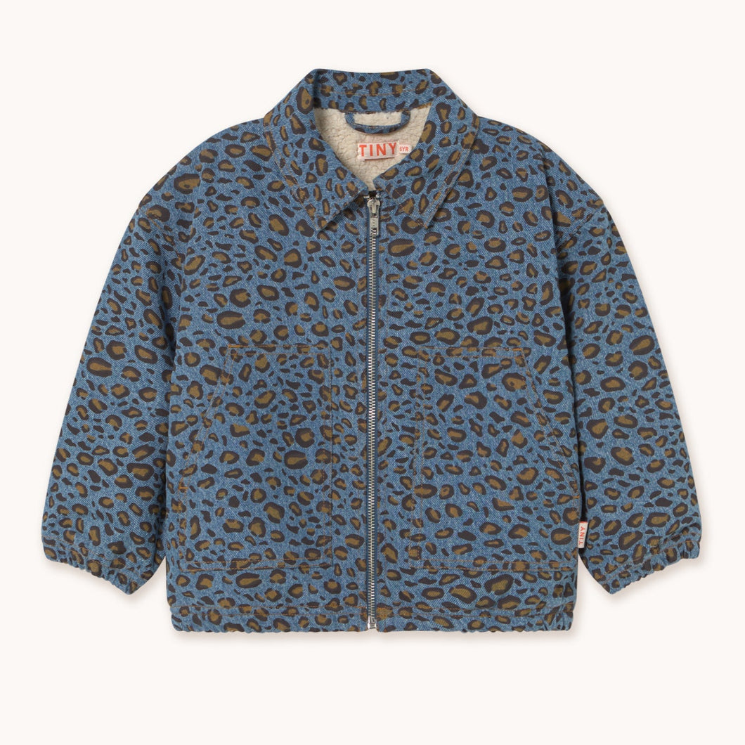 Tinycottons Blue denim leopard print jacket with fleece lining