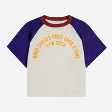 Load image into Gallery viewer, Bobo Choses off white t-shirt with yellow &#39;Once Upon a Time&#39; logo, indigo raglan sleeves and burgundy neck from the new AW24 collection &#39;Once Upon A Time&#39;
