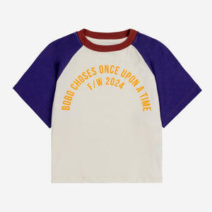 Bobo Choses off white t-shirt with yellow 'Once Upon a Time' logo, indigo raglan sleeves and burgundy neck from the new AW24 collection 'Once Upon A Time'