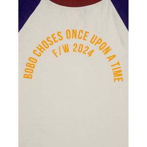 Bobo Choses off white t-shirt with yellow 'Once Upon a Time' logo, indigo raglan sleeves and burgundy neck from the new AW24 collection 'Once Upon A Time'