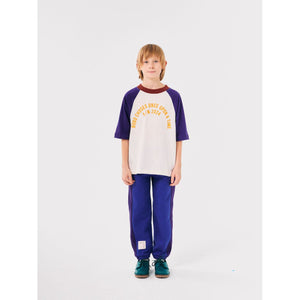 Bobo Choses off white t-shirt with yellow 'Once Upon a Time' logo, indigo raglan sleeves and burgundy neck from the new AW24 collection 'Once Upon A Time'