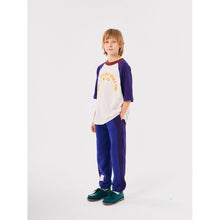 Load image into Gallery viewer, Bobo Choses off white t-shirt with yellow &#39;Once Upon a Time&#39; logo, indigo raglan sleeves and burgundy neck from the new AW24 collection &#39;Once Upon A Time&#39;
