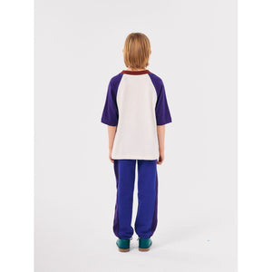 Bobo Choses off white t-shirt with yellow 'Once Upon a Time' logo, indigo raglan sleeves and burgundy neck from the new AW24 collection 'Once Upon A Time'