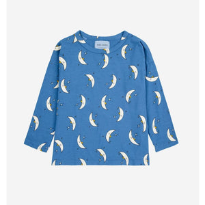 Bobo Choses blue long sleeve t-shirt with all over moon print in white from the new AW24 collection 'Once Upon A Time'