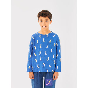 Bobo Choses blue long sleeve t-shirt with all over moon print in white from the new AW24 collection 'Once Upon A Time'