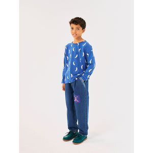 Bobo Choses blue long sleeve t-shirt with all over moon print in white from the new AW24 collection 'Once Upon A Time'