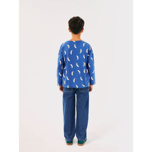 Bobo Choses blue long sleeve t-shirt with all over moon print in white from the new AW24 collection 'Once Upon A Time'