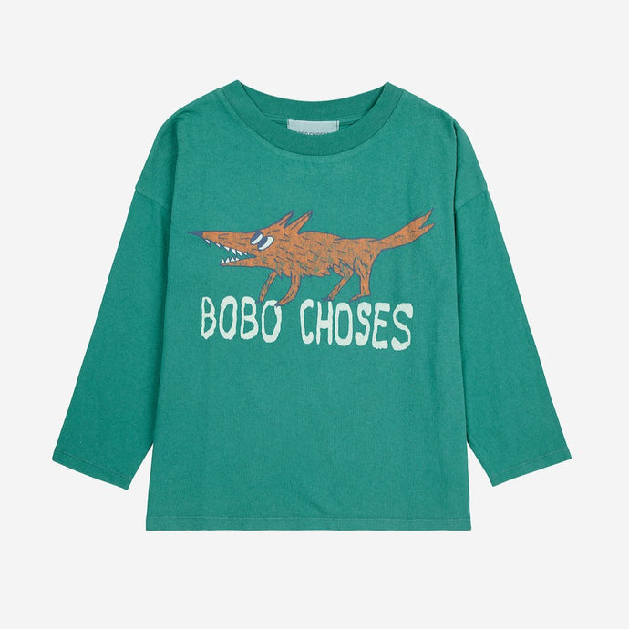 Bobo Choses jade green long sleeve t-shirt with sneaky fox print from the new AW24 collection 'Once Upon A Time'