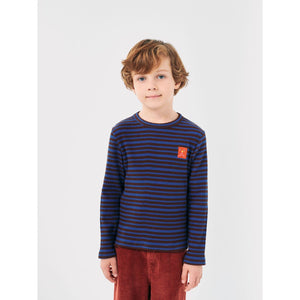 Bobo Choses blue and burgundy long sleeve top with funny face patch from the new AW24 collection 'Once Upon A Time'