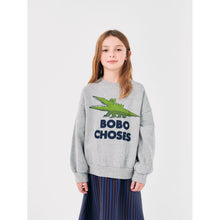 Load image into Gallery viewer, Bobo Choses grey sweatshirt with green crocodile print from the new AW24 collection &#39;Once Upon A Time&#39;
