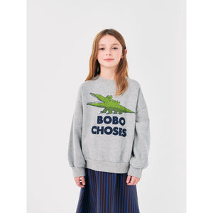 Bobo Choses grey sweatshirt with green crocodile print from the new AW24 collection 'Once Upon A Time'