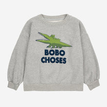 Load image into Gallery viewer, &nbsp;Bobo Choses grey sweatshirt with green crocodile print from the new AW24 collection &#39;Once Upon A Time&#39;
