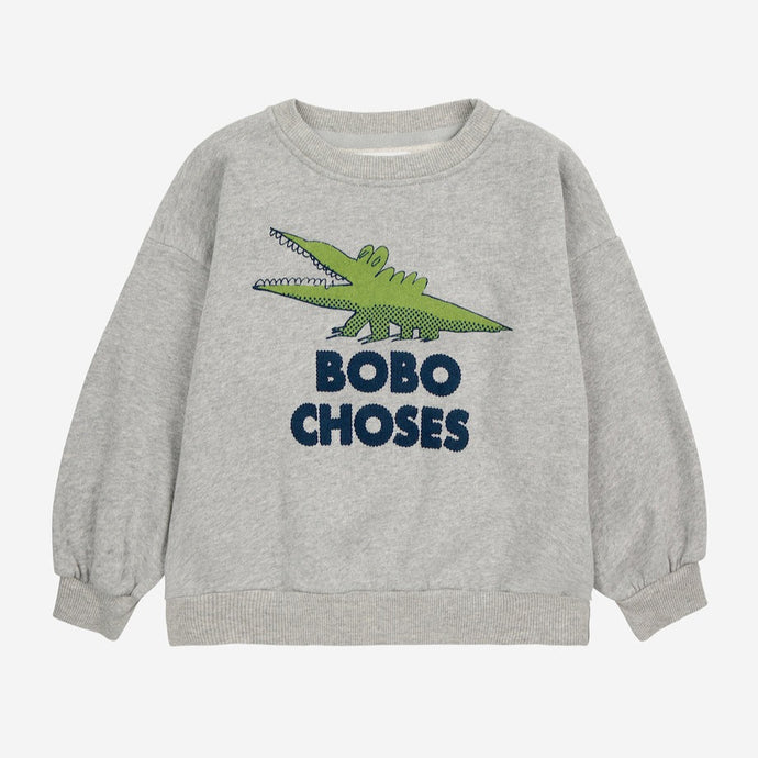  Bobo Choses grey sweatshirt with green crocodile print from the new AW24 collection 'Once Upon A Time'