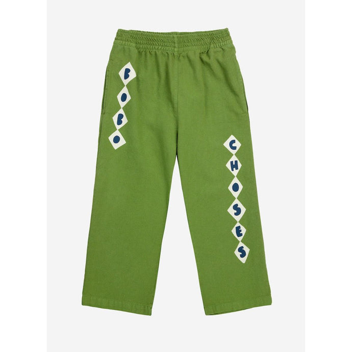 Bobo Choses green trousers with diamond pattern in white from the new AW24 collection 'Once Upon A Time'