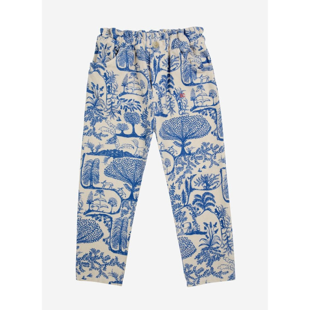 Bobo Choses fine corduroy trousers in white and blue with all over Wonderland print from the new AW24 collection 'Once Upon A Time'