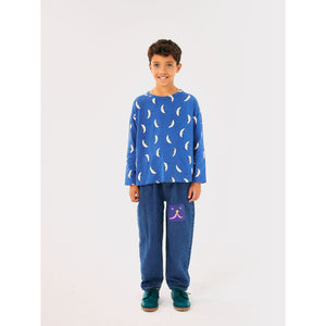 Bobo Choses blue denim trousers with funny face patch&nbsp;from the new AW24 collection 'Once Upon A Time'