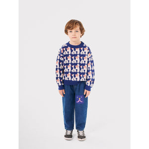 Bobo Choses blue denim trousers with funny face patch&nbsp;from the new AW24 collection 'Once Upon A Time'