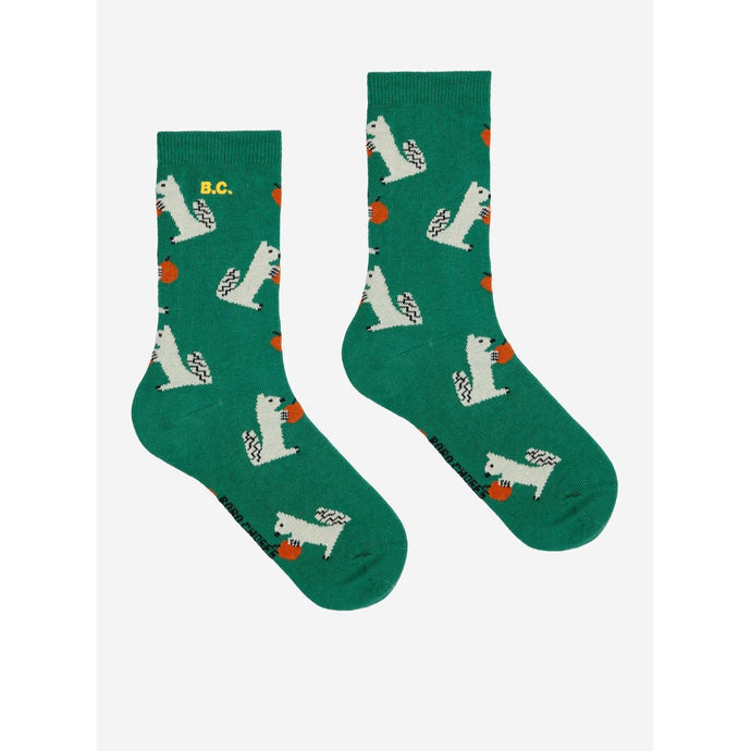 Bobo Choses dark green socks with all over hungry squirrel print in white from the new AW24 collection 'Once Upon A Time'