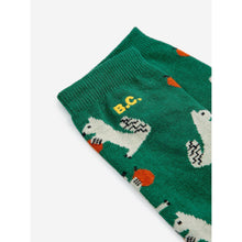 Load image into Gallery viewer, Bobo Choses dark green socks with all over hungry squirrel print in white from the new AW24 collection &#39;Once Upon A Time&#39;
