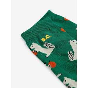 Bobo Choses dark green socks with all over hungry squirrel print in white from the new AW24 collection 'Once Upon A Time'