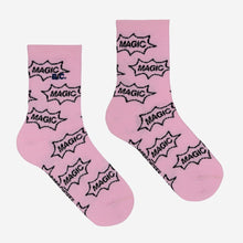 Load image into Gallery viewer, Bobo Choses pink socks with all over &#39;Magic&#39; print in black from the new AW24 collection &#39;Once Upon A Time&#39;
