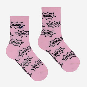 Bobo Choses pink socks with all over 'Magic' print in black from the new AW24 collection 'Once Upon A Time'