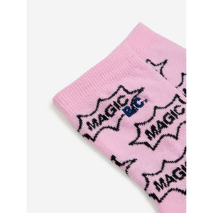 Bobo Choses pink socks with all over 'Magic' print in black from the new AW24 collection 'Once Upon A Time'