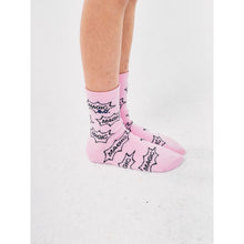 Load image into Gallery viewer, Bobo Choses pink socks with all over &#39;Magic&#39; print in black from the new AW24 collection &#39;Once Upon A Time&#39;
