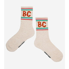 Load image into Gallery viewer, Bobo Choses cream socks with red B.C and green stripe print from the new AW24 collection &#39;Once Upon A Time&#39;
