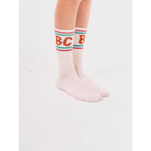 Load image into Gallery viewer, Bobo Choses cream socks with red B.C and green stripe print from the new AW24 collection &#39;Once Upon A Time&#39;
