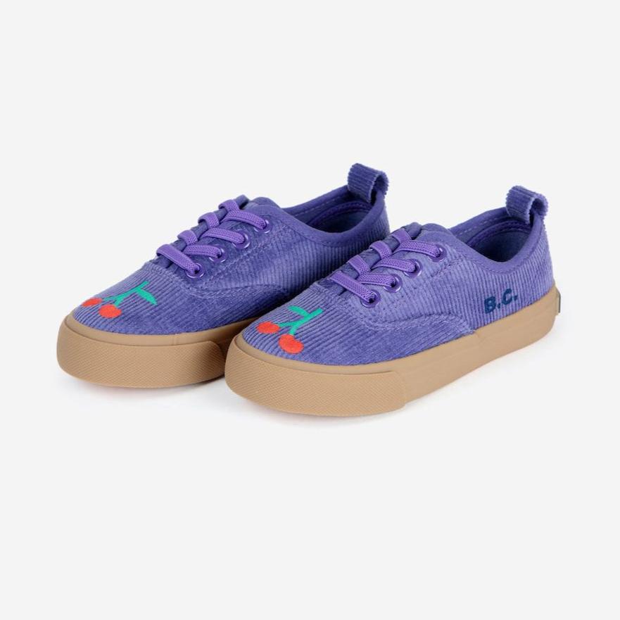 Bobo Choses purple corduroy trainers with embroidered red cherry motif from the new AW24 collection 'Once Upon A Time'