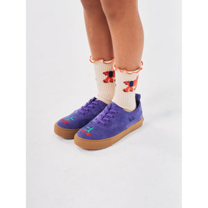 Bobo Choses purple corduroy trainers with embroidered red cherry motif from the new AW24 collection 'Once Upon A Time'