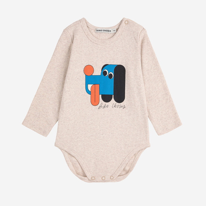 Bobo Choses Beige baby bodysuit with colourful dog design on a white background