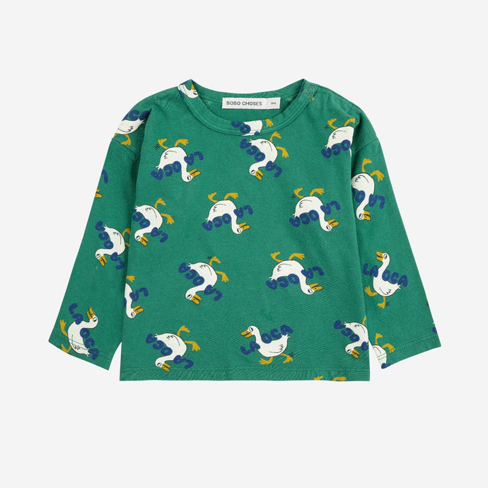 Bobo Choses green long sleeve baby top with all over white duck print
