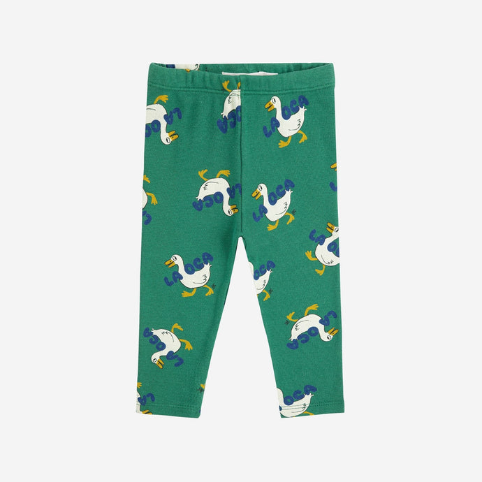 Bobo Choses Green baby leggings with all over white duck pattern 