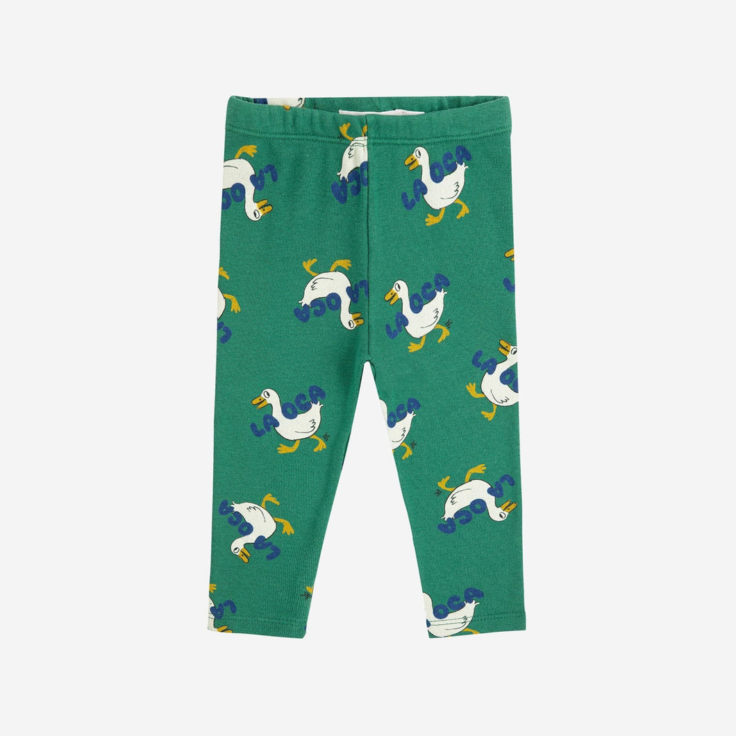 Bobo Choses Green baby leggings with all over white duck pattern 