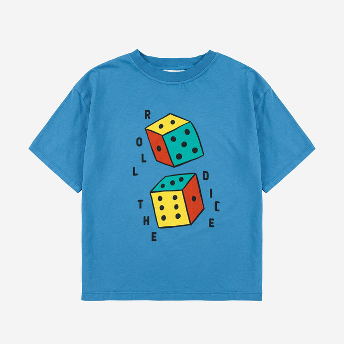 Bobo Choses Blue t-shirt with dice print in red, yellow and green