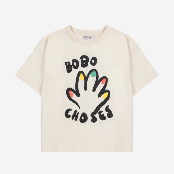 Bobo Choses cream t-shirt with colourful handprint design and 'BOBO CHOSES' logo