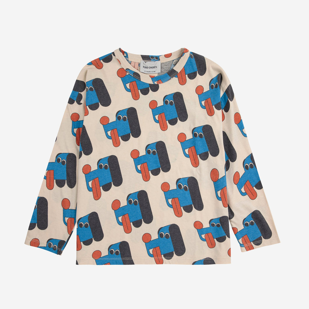Bobo Choses cream long-sleeve shirt with blue and red dog pattern 