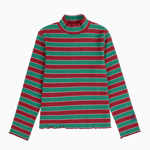 Bobo Choses children's burgundy red and green striped long-sleeve shirt