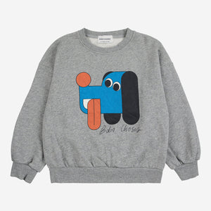 Bobo Choses grey sweatshirt with colourful dog graphic print in orange and blue.