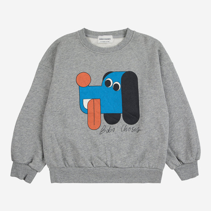 Bobo Choses grey sweatshirt with colourful dog graphic print in orange and blue.