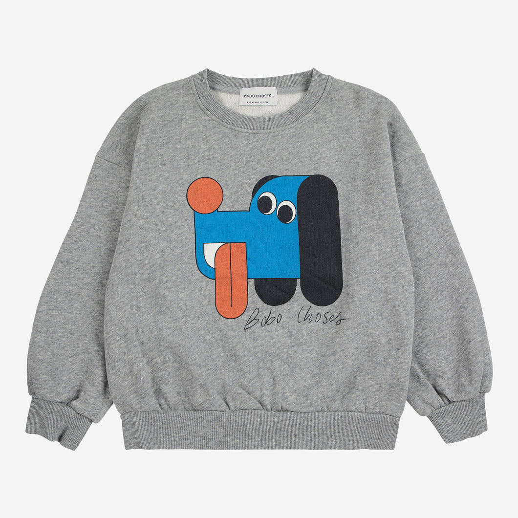 Bobo Choses grey sweatshirt with colourful dog graphic print in orange and blue.