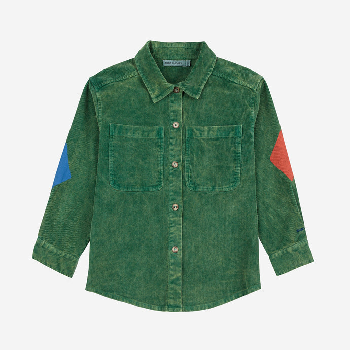 Bobo Choses Green corduroy shirt with red and blue diamond elbow patches