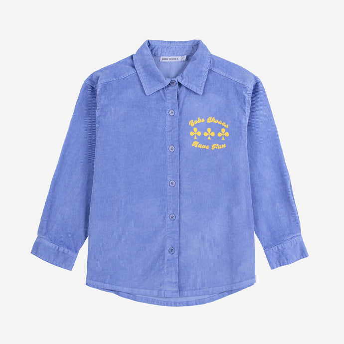 Bobo Choses purple corduroy shirt with yellow 'Have Fun' motif