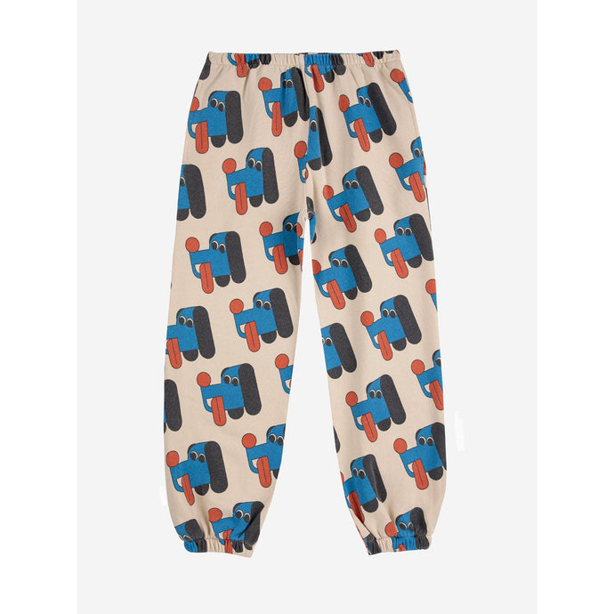 Bobo Choses Beige jogging pants with blue and red dog print