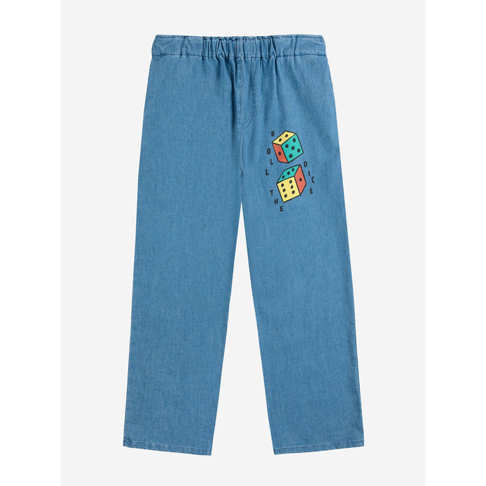 Bobo Choses Blue denim pants with colourful dice design.