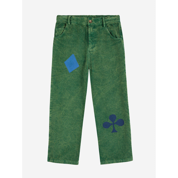 Bobo Choses Green corduroy pants with blue diamond and clover design