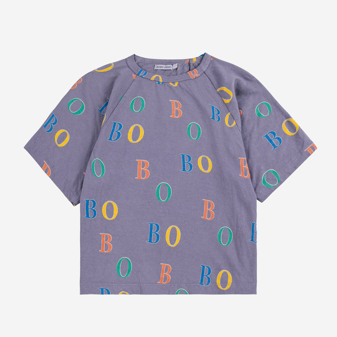 Bobo Choses navy blue t-shirt with colourful 'BOBO' print on 